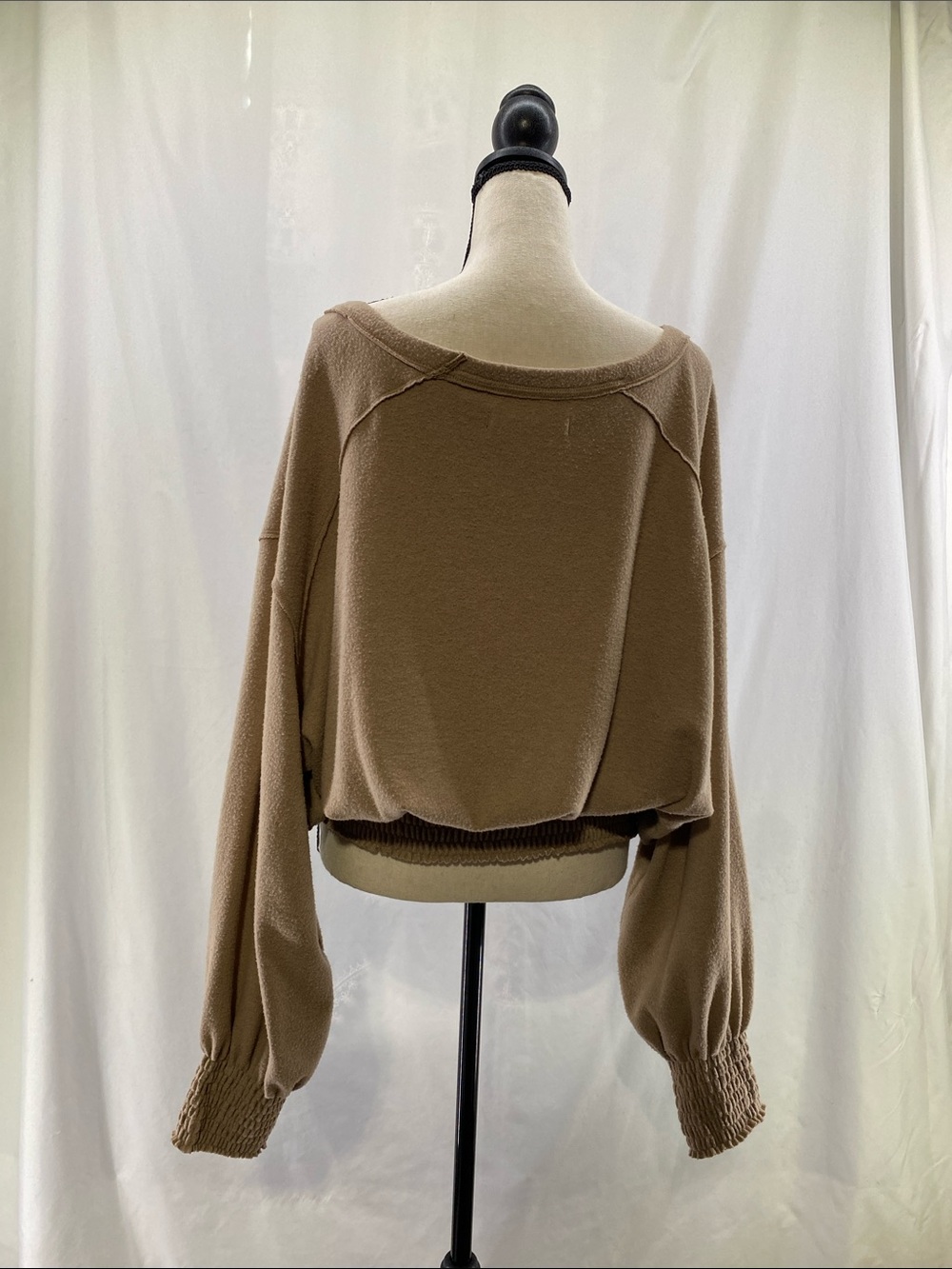 WE THE FREE Taupe Off‑Shoulder Smocked Hem Long Sleeve Sweater—L - Picture 4 of 15